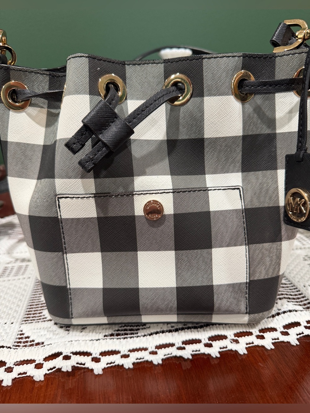Michael Kors Black & White Gingham Drawstring Bucket Bag - Picture 2 of 16